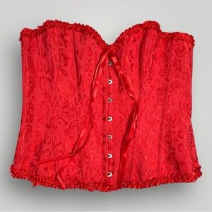Vibrant Red Damask Shapewear‎ Corset Ruffled lace up back Romantic Holiday